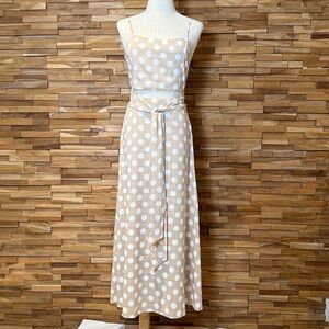 inmod | White Polka Dot Tie on Tan | Front Cutout | Maxi Dress | Small
